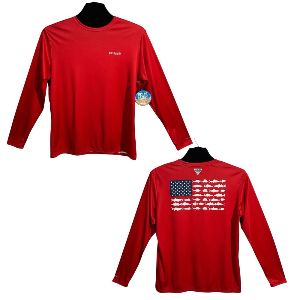 Columbia Men's Long Sleeve Shirt Size L Red Sun Protection Moisture-wicking